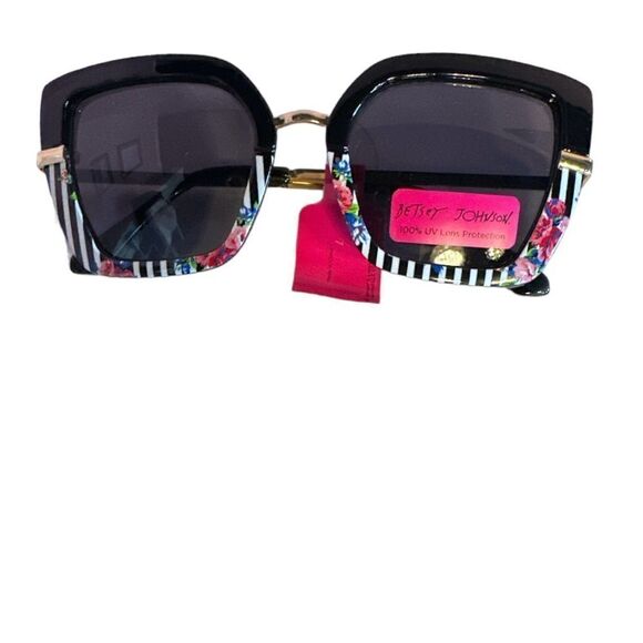 BETSEY JOHNSON SQUARE BLACK-BLACK STRIPE FLOWERS GOLD ACCENTSUNGLASSES NWT